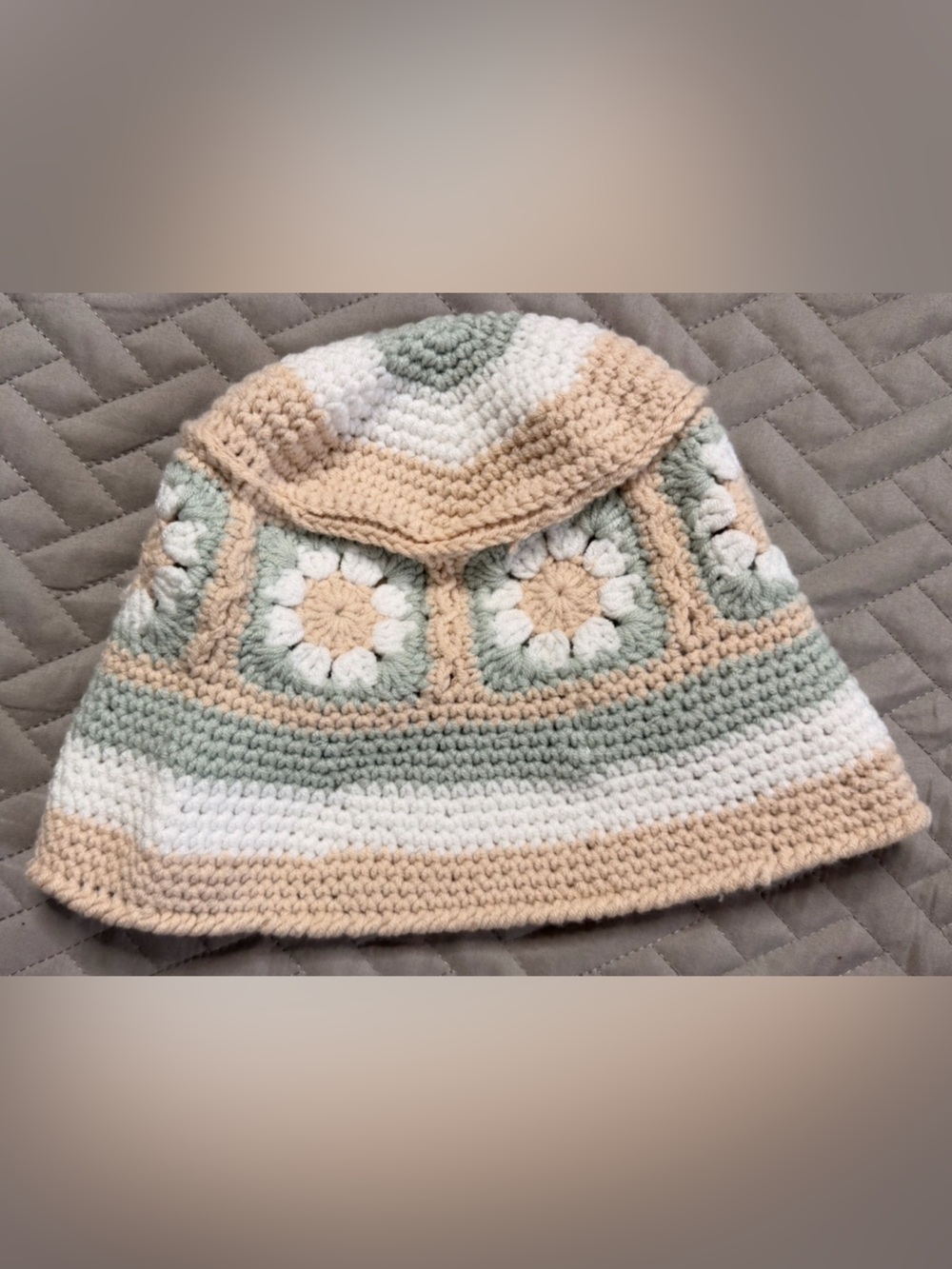 Handmade Crochet Bucket Hat in Cream, Sage & White